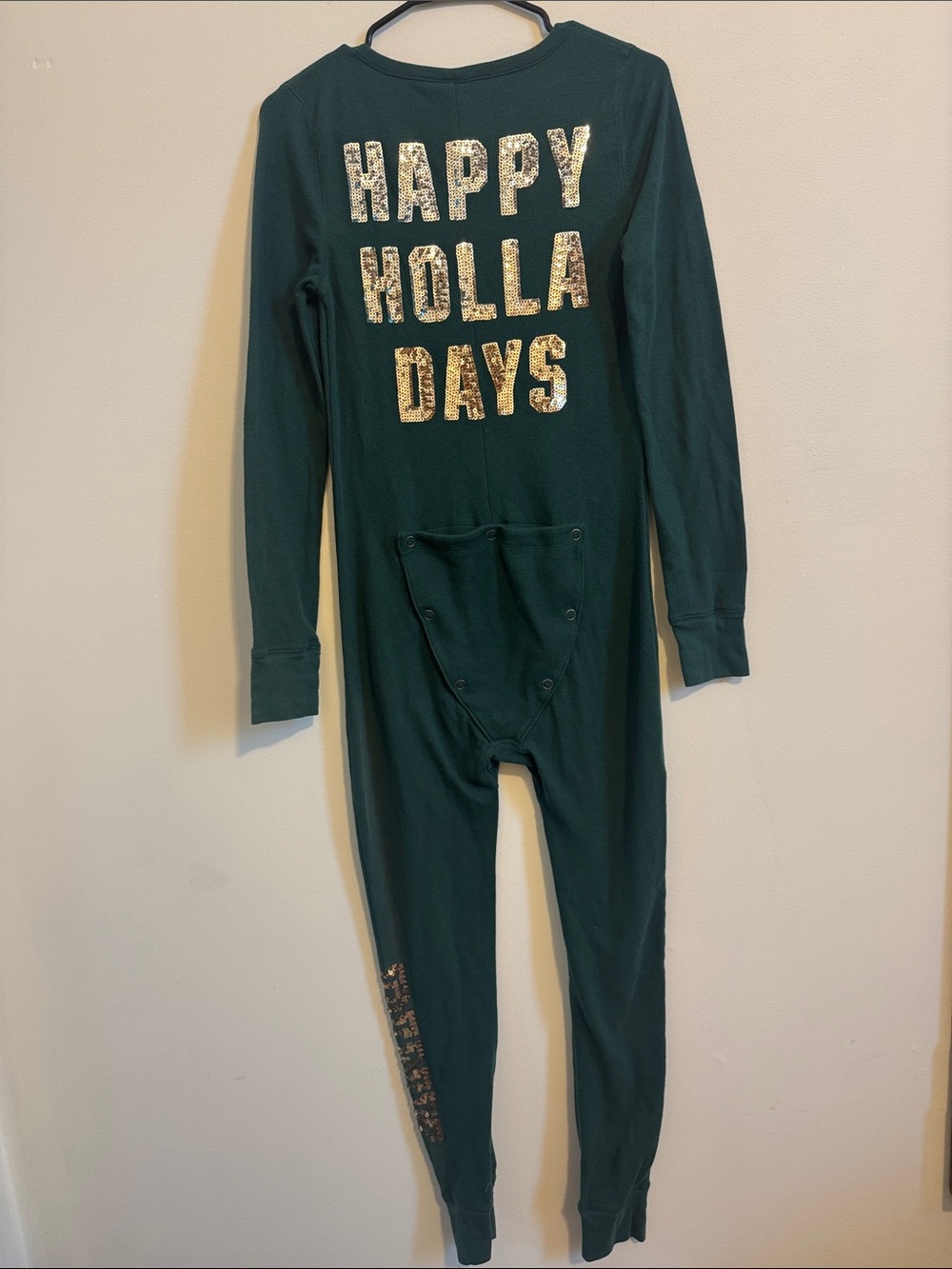 Victoria's Secret Dark Green One-Piece Footie Pajama with Gold Dog Accent - Picture 3 of 3
